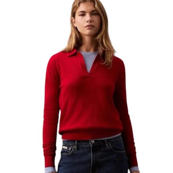Calvin Klein Women's Scarlet Red Merino Wool Blend LS Open Neckline Polo Sweater - Picture 1 of 13